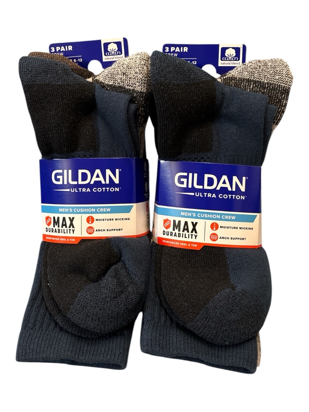 Gildan Men’s Cushion Crew Socks - Navy, Black & Heathered Brown (3 Pack)